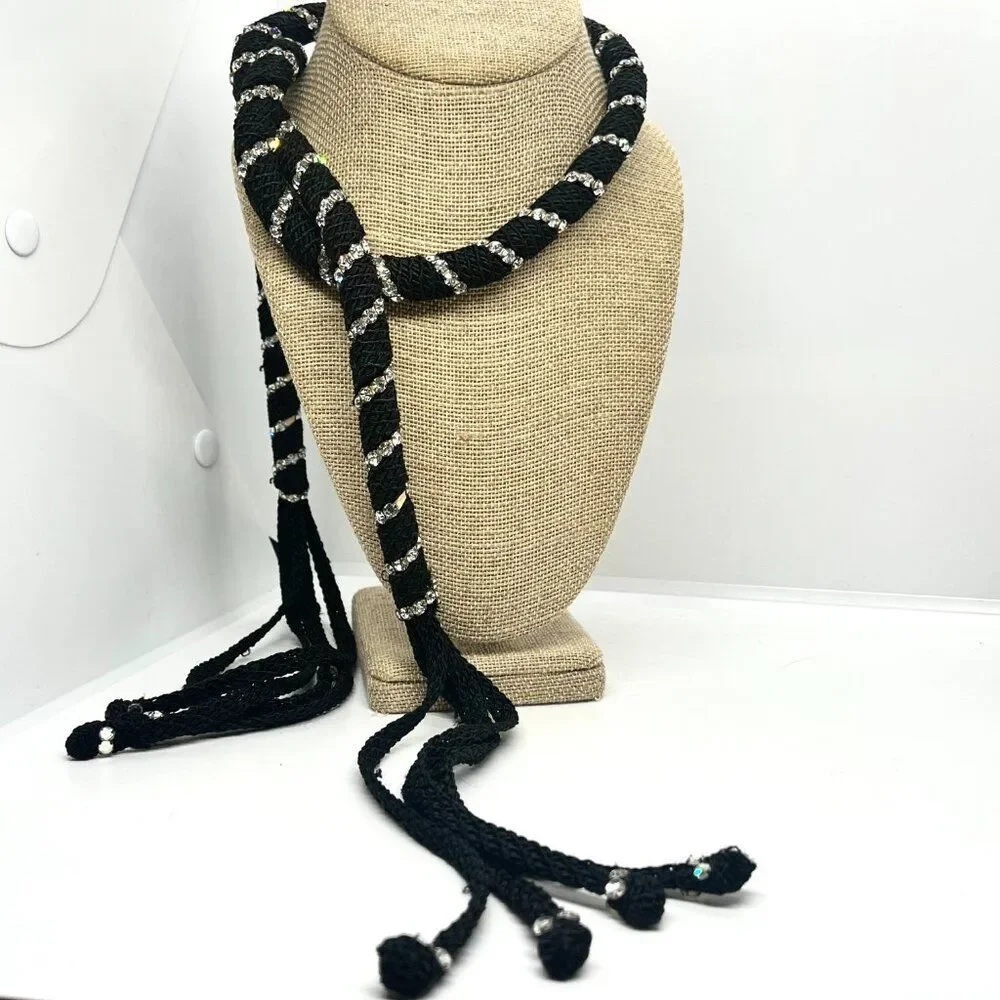 VINTAGE RHINESTONE ROPE Belt Black Tassel Boho Disco Statement
